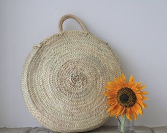 Round basket, large size, straw basket bag, panier rond, Runder Korb, Ronde mand, cesta redonda, palm leaf, summer basket.