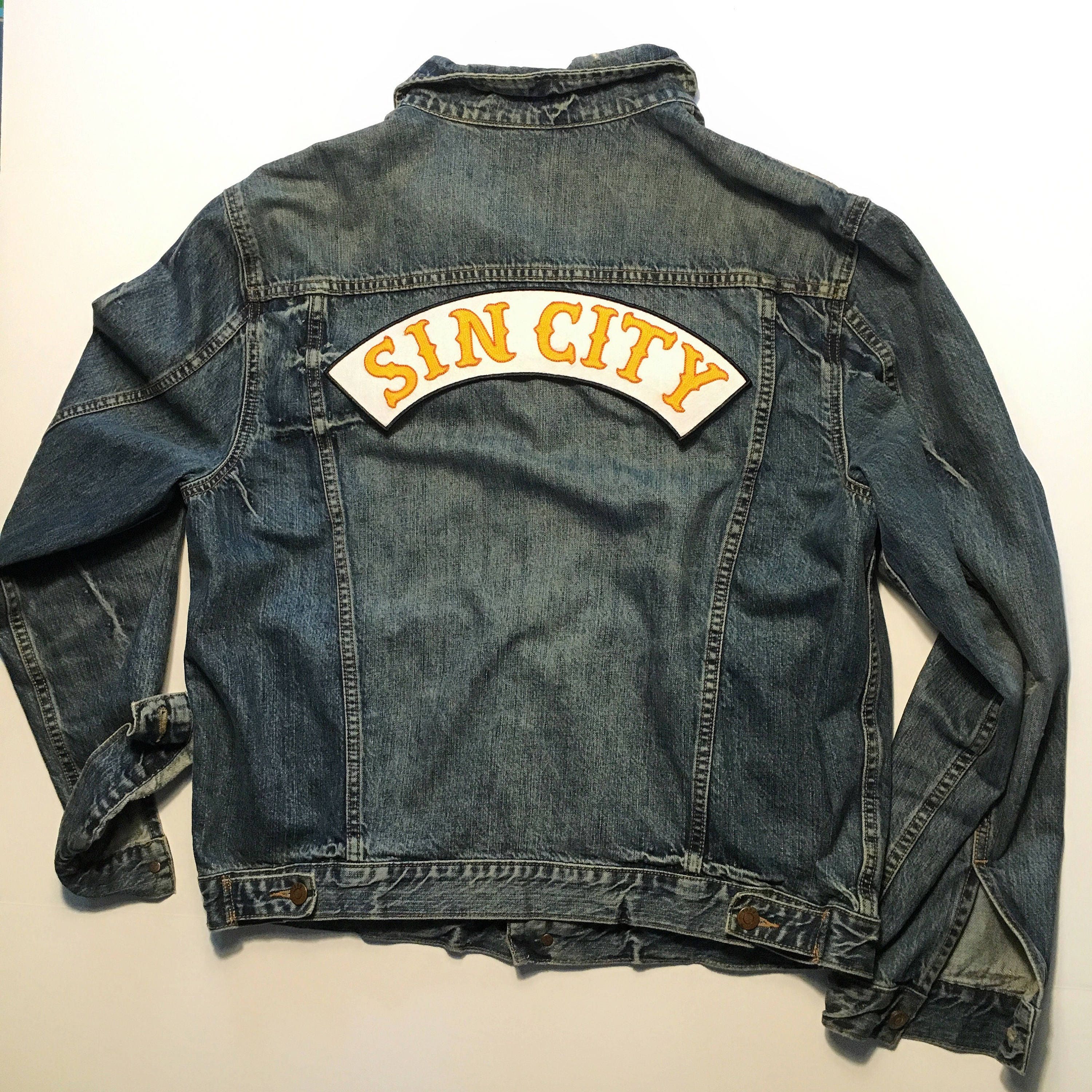 Sin City Patch Hand Sewn on a distressed Jean Jacket