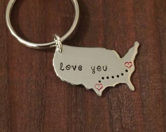 United States Keychain- Long Distance Keychain with Personalized States- Hand Stamped USA- Sibling Gift- State Keyring-