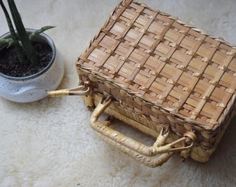 Small Vintage Straw Bag, Wooden Bag, Vintage Wicker Bag, Vintage Rattan Bag, Vintage Basket Purse, Rattan Purse, Woven Picnic Basket, Straw