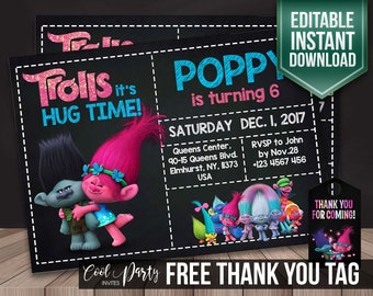 Trolls invitation, Trolls birthday invitation, birthday Invite, party Invite, editable Invitation, printable Invitation, Trolls