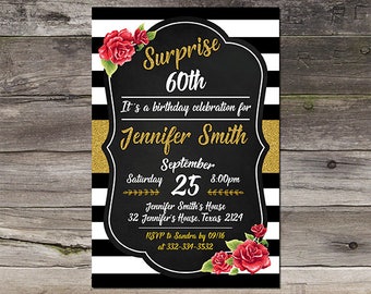 Surprise 60th Birthday Invitation For Women, Birthday Invite, Party Invite, Printable, Digital File - 086