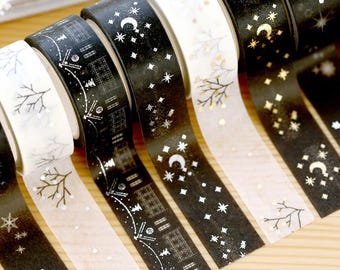 Twinkling night washi tape in Silver and Golawn, Celebrate night washi tape, Moon Star Snow Sky Silver and golden Japanese Washi