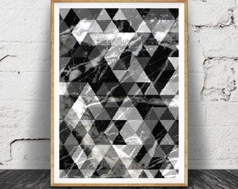 Mid Century Modern Art, impression de marbre abstrait noir et blanc, Triangle imprimé, Instant imprimable Télécharger, décoration scandinave