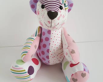 teddy bear made of baby clothes