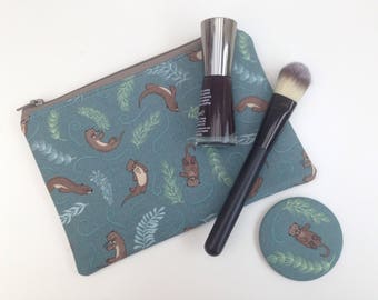 Otters small makeup bag, make up bag, zippered pouch, storage pouch, phone pouch, lewis and irene fabric, otter, sea otter, compact mirror.