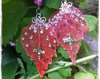 Pink earrings, Crystal earrings, Skeleton leaves, Pink jewelry, Fall leaves, Swarowski earrings, Real crystal, Glass earrings