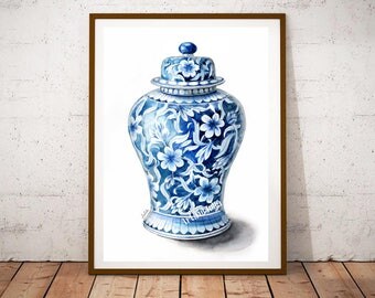 Floral jar art, ginger Jar painting, Chinese jar print, print of my original Jar watercolor painting