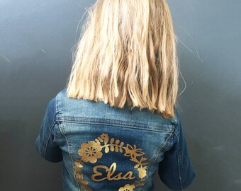 Personalised girls denim jacket, custom girls denim jacket, denim with glitter, flowers, name on back, children's denim jacket, kids denim