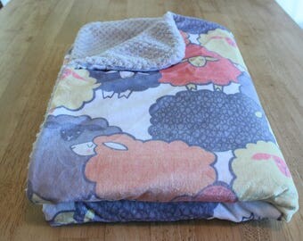Sleepy Sheep themed minky baby blanket with gray cuddle back