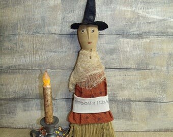 Primitive halloween witch broom/handmade/primitive handmade/primitive doll/halloween broom/halloween doll/witch hat