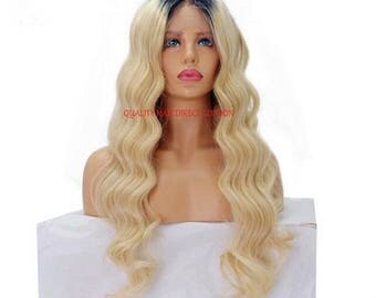 Remy Human Hair Wig, Full Lace Ombre Dip Dye Balayage 1b-Roots/Blonde-613 Body Wave from 14"-24" Glueless Cap with Combs & Straps