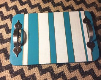 Wooden striped mini display tray with handles
