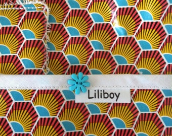Bavoir avec réservoir "plumes de paon turquoise" en coton enduit brillant bleu/jaune/rose
