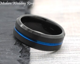 Black Tungsten Wedding Band Ion Plated Cobalt Blue Stripe Centered Unique Engagement Ring Mens Wedding Ring