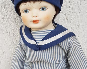 Porcelain doll, Vintage porcelain doll, Sailor doll, Collectible doll, Rag dlol, Soft Doll