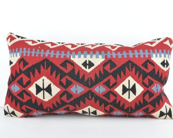 Kilim Lumbar Pillow, 12x24 Kilim Pillow Cover, Turkish Pillow Cushion Cover, Decorative Kilim Pillow, Bohemian Kilim Pillow