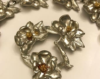Vintage Maurice Milleur Pewter Flower Brooch and Bracelet Set