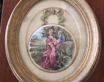 VINTAGE Hand Enameled Portrait on Porcelain Plaque with 24Kt Gold Rim by Sungott Art Studios, NY