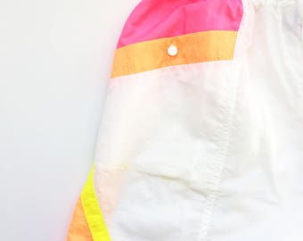 90s neon shorts - athletic beachwear - white pink orange