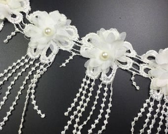 15 Yards Wholesale White Embroidery Lace Fringe Trim with Chiffon Beaded Flower For Lyrical Dance, Costume or Jewelry Design,Wedding ,Dress