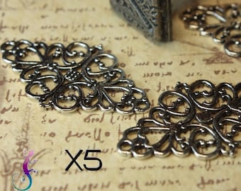 5 connectors 41x25mm medieval style antique silver metal