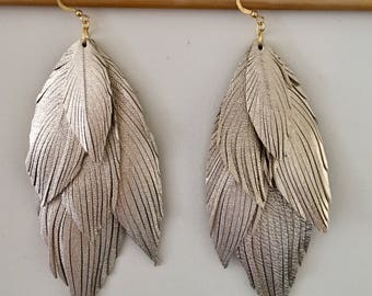Layered genuine ITALIAN LEATHER gold feather earrings soft leather feather earrings leather earrings lightweight dangle earrings