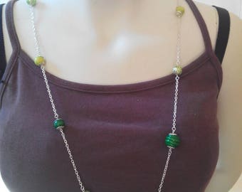 Green wooden beads and silver necklace