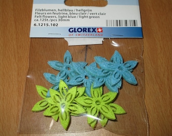 set of felt flowers, green and blue