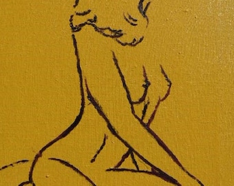 Silhouette - peinture acrylique femme nue de profil - tableau jaune violet dessin corps sensuel cadeau homme pour lui anniversaire nu ombre