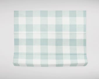 Aqua Roman Shade Buffalo Check Plaid Child safe Cordless Custom Widths Beige Grey Blue Pink Green Navy Black and White Valance Shade