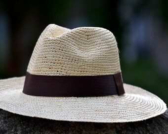 Handmade crochet in natural straw Panama borsalino Hat