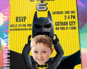 Lego Batman Invitation with Custom Face! Lego Batman Birthday, Lego Batman Party, Lego Batman Movie Invite, Lego Printables Invitations