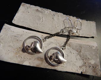 Long silver bird and white round Pearl Earrings