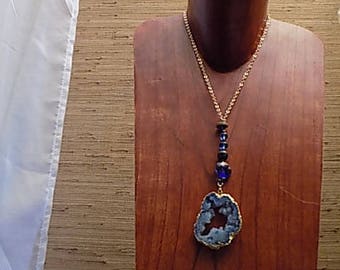 Blue agate Crystal Necklace and irrisee glass Golden beads