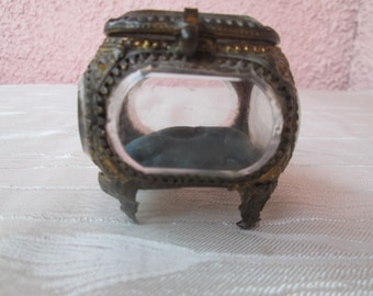 Jewelry box, French vintage jewelry box, metal jewelry box, antique glass box