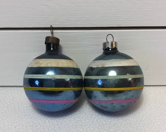 Vintage Glass Christmas Ornaments with Stripes, Set/2