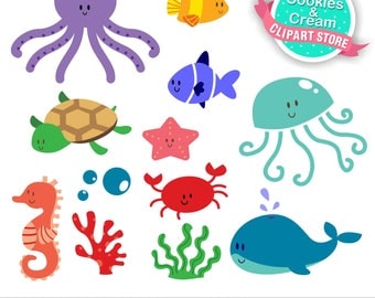Sea Animal Clipart, Under the Sea, Clipart, Fish, starfish, crab, octopus, beach, summer, commercial use, vector clipart,