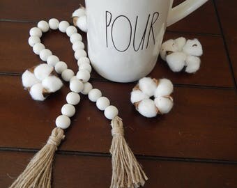 White wood bead garland with jute tassels, boho home decor, jewelry for the home, rustic bead garland, farmhouse beads