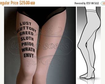 SALE///endsAug22/// large/extra large 7 Deadly Sins tattoo stockings / full length / pantyhose / nylons Deep Mocha