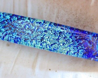 Large Fused Dichroic Glass Barrette, Blue, Aqua, French Made Barrette Clip