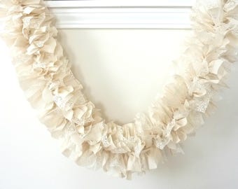 Ivory Rag Garland, Wedding Garland, Wedding Rag Garland, Ivory Lace, Muslin, Burlap Garland, Fabric Garland, Bridal Shower Garland, Wedding
