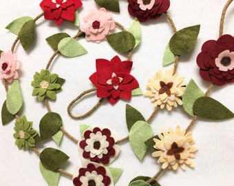 Flower Garland, Winter Cherry Red, Felt Flower Garland, Posable Twine, Mantle Decoration, Wedding and Party Decor