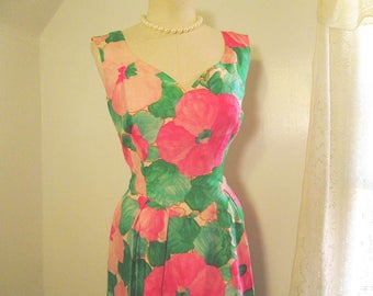 60s Big Pink Roses Dress Silk Floral Dress Sleeveless 60s vintage Silk dress Roses vintage party dress Vintage Wedding Bridesmaid Dress M