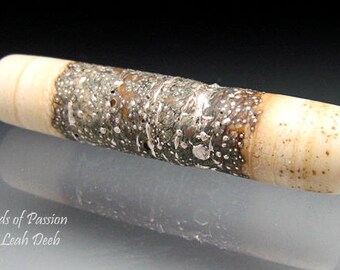 Handmade Glass Focal Beads of Passion - Earthy Ivory Silver Drizzled Cylinder