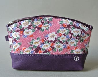 Chirimen and Leather Cosmetic Pouch, Camellia pink and purple