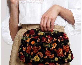Vintage 1960s Autumn Tone Chenille Floral Tapestry Convertible Handbag Clutch with Matching Coin Purse