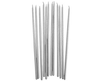 Tall Silver Hand Dipped Birthday Candles - 12 long metallic silver party birthday cake candles