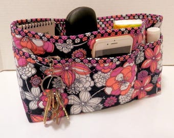 Quilted Purse Organizer Insert With Enclosed Bottom Large - Navy, Pink and Coral