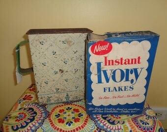Shabby Vintage Tin Soap Pitcher with opened box Ivory Soap With Dutch Designs on bottom rusted